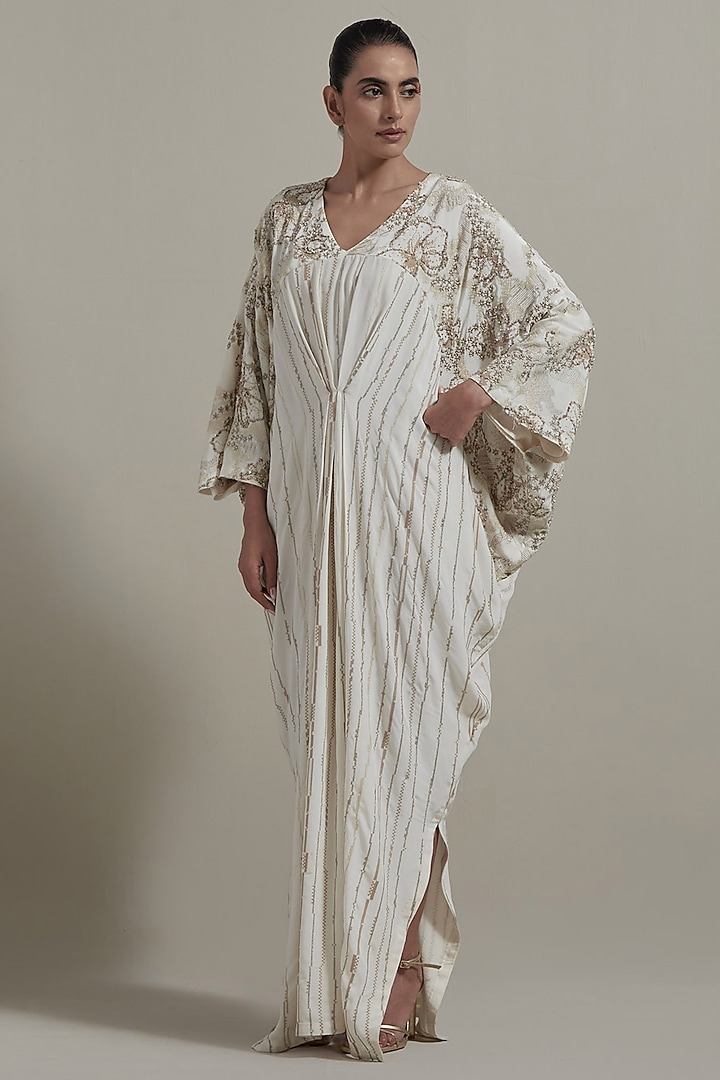 Ivory Crepe Hand Embellished Kaftan by Kavita Bhartia at Pernia's Pop Up Shop