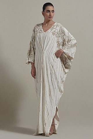 Ivory Crepe Hand Embellished Kaftan by Kavita Bhartia