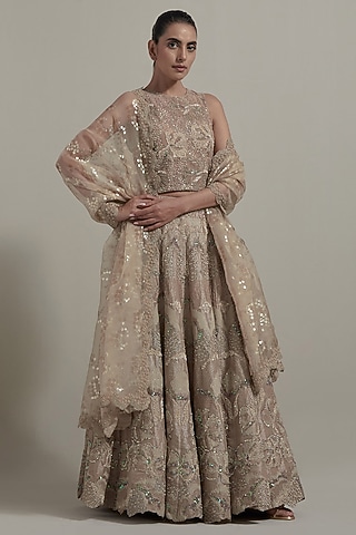 Beige Net & Organza Embellished Lehenga Set by Kavita Bhartia