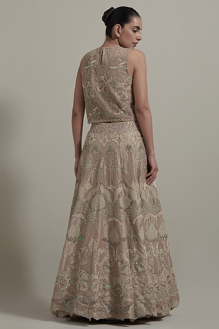 Beige Net & Organza Embellished Wedding Lehenga Set by Kavita Bhartia at Pernia's Pop Up Shop