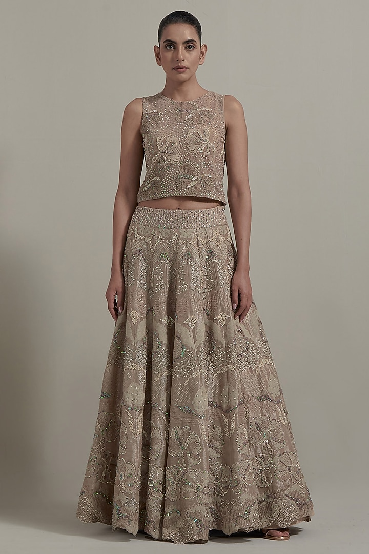 Beige Net & Organza Embellished Wedding Lehenga Set by Kavita Bhartia at Pernia's Pop Up Shop