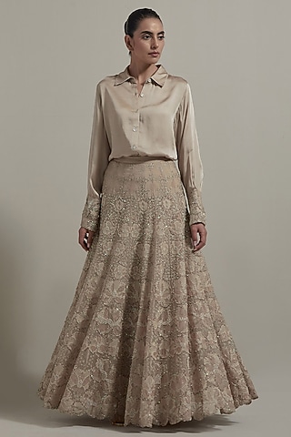 Beige Modal Satin Hand Embellished Skirt Set by Kavita Bhartia