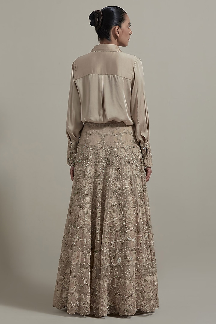 Beige Modal Satin Hand Embellished Skirt Set by Kavita Bhartia at Pernia's Pop Up Shop