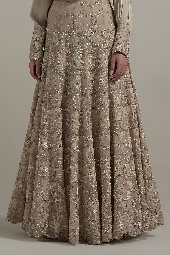 Beige Modal Satin Hand Embellished Skirt Set by Kavita Bhartia at Pernia's Pop Up Shop