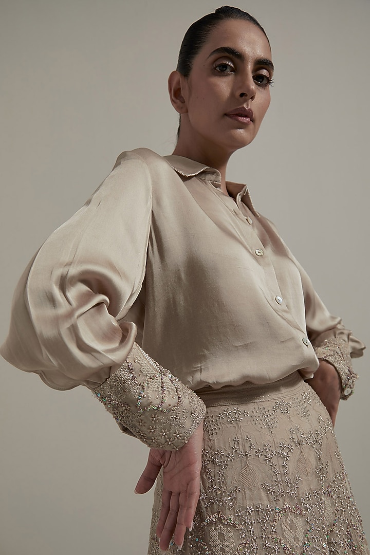 Beige Modal Satin Hand Embellished Skirt Set by Kavita Bhartia at Pernia's Pop Up Shop