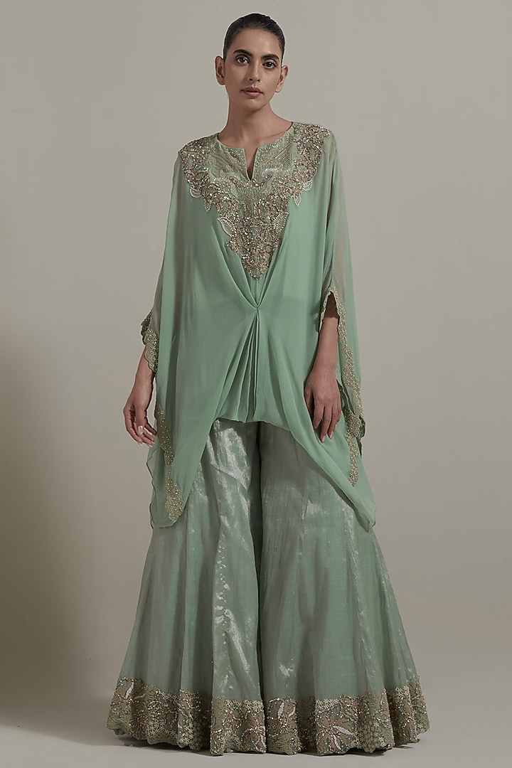 Green Chiffon & Tissue Embellished Wedding Sharara Set by Kavita Bhartia at Pernia's Pop Up Shop