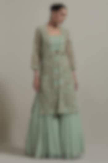 Green Net & Chiffon Embellished Jacket Set by Kavita Bhartia at Pernia's Pop Up Shop