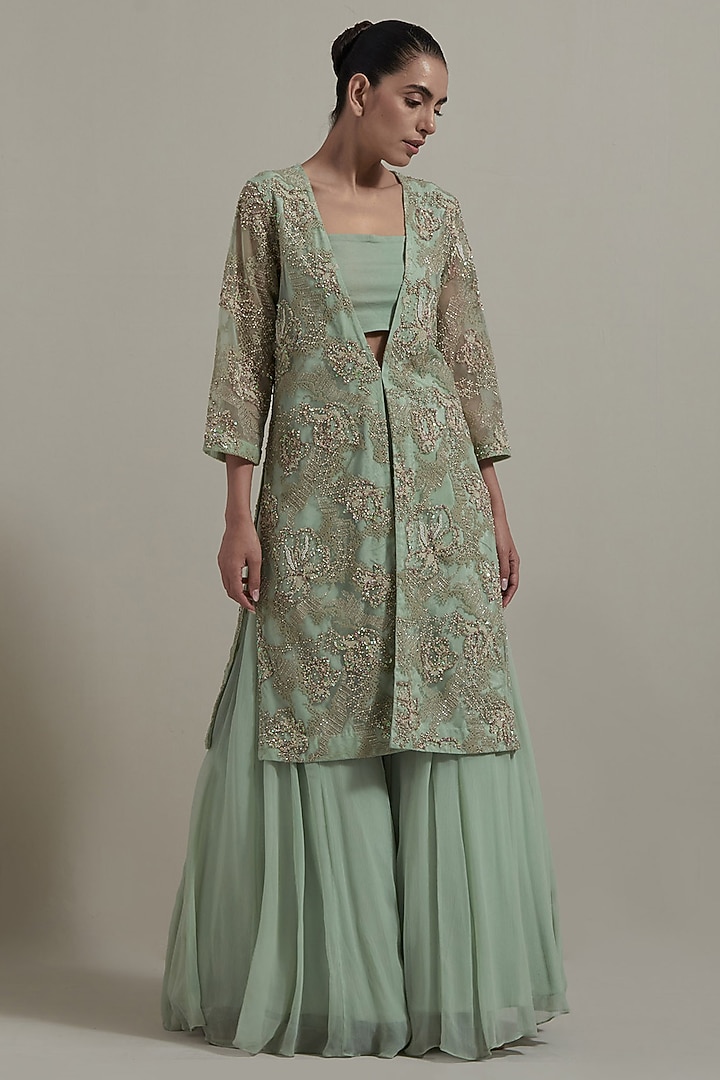 Green Net & Chiffon Embellished Jacket Set by Kavita Bhartia at Pernia's Pop Up Shop