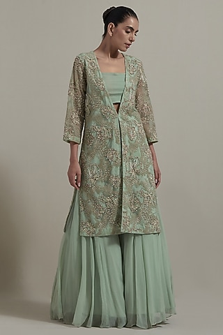 Green Net & Chiffon Embellished Jacket Set by Kavita Bhartia