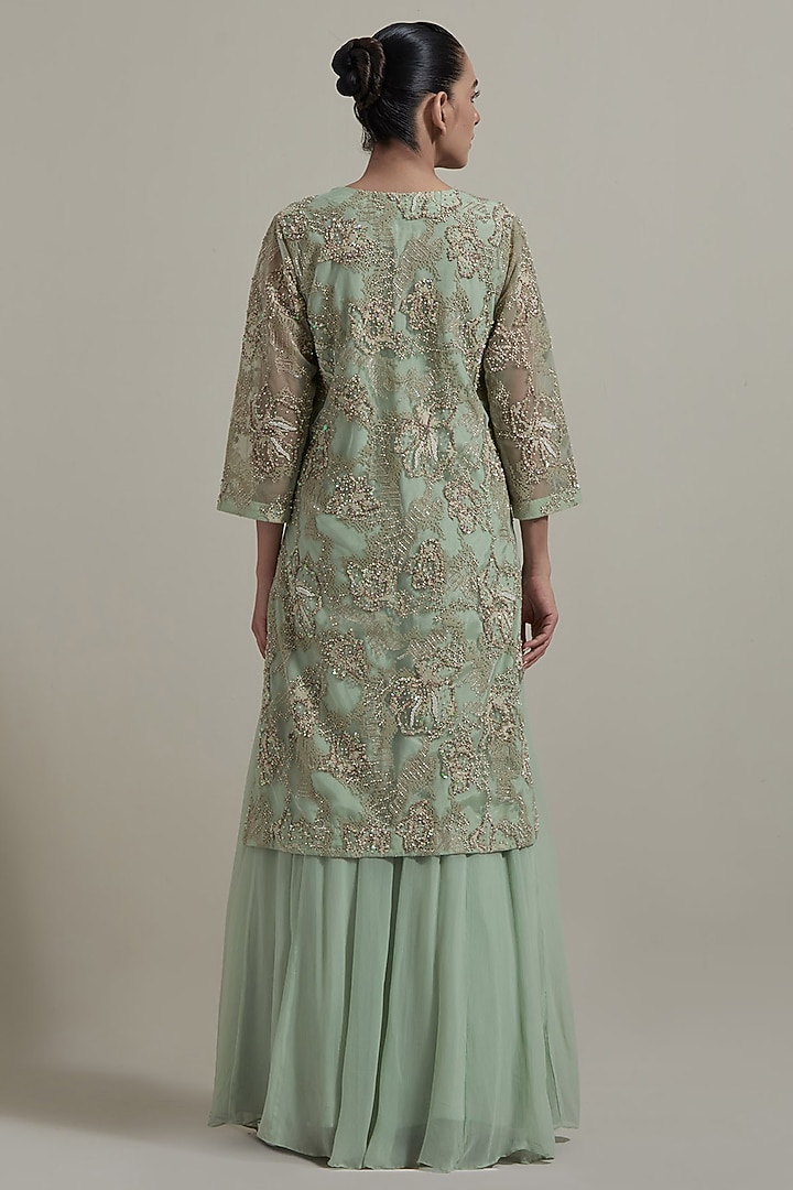 Green Net & Chiffon Embellished Jacket Set by Kavita Bhartia at Pernia's Pop Up Shop