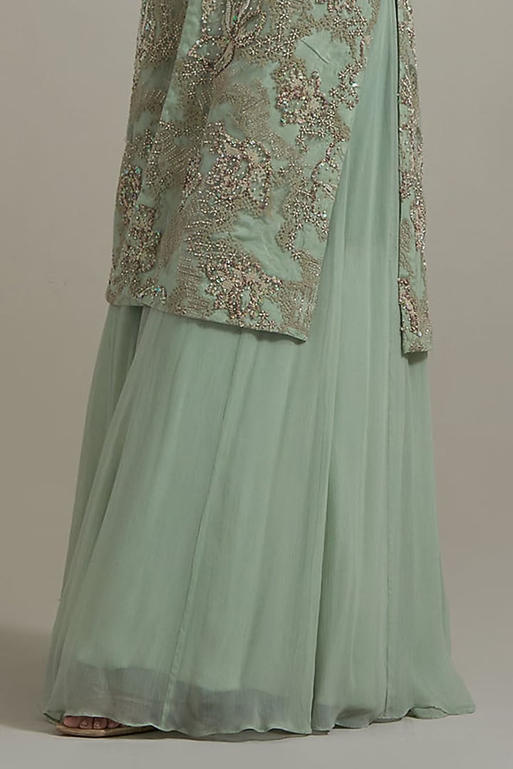Green Net & Chiffon Embellished Jacket Set by Kavita Bhartia at Pernia's Pop Up Shop