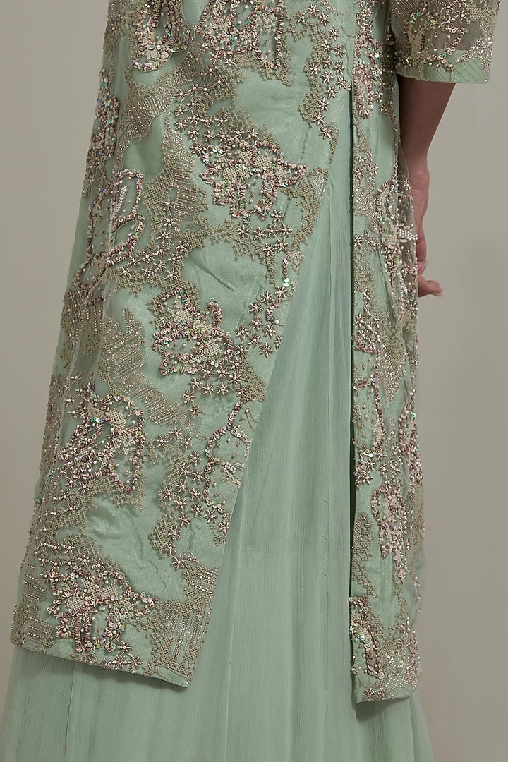 Green Net & Chiffon Embellished Jacket Set by Kavita Bhartia at Pernia's Pop Up Shop