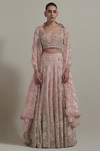 Pink Net & Organza Embellished Lehenga Set by Kavita Bhartia