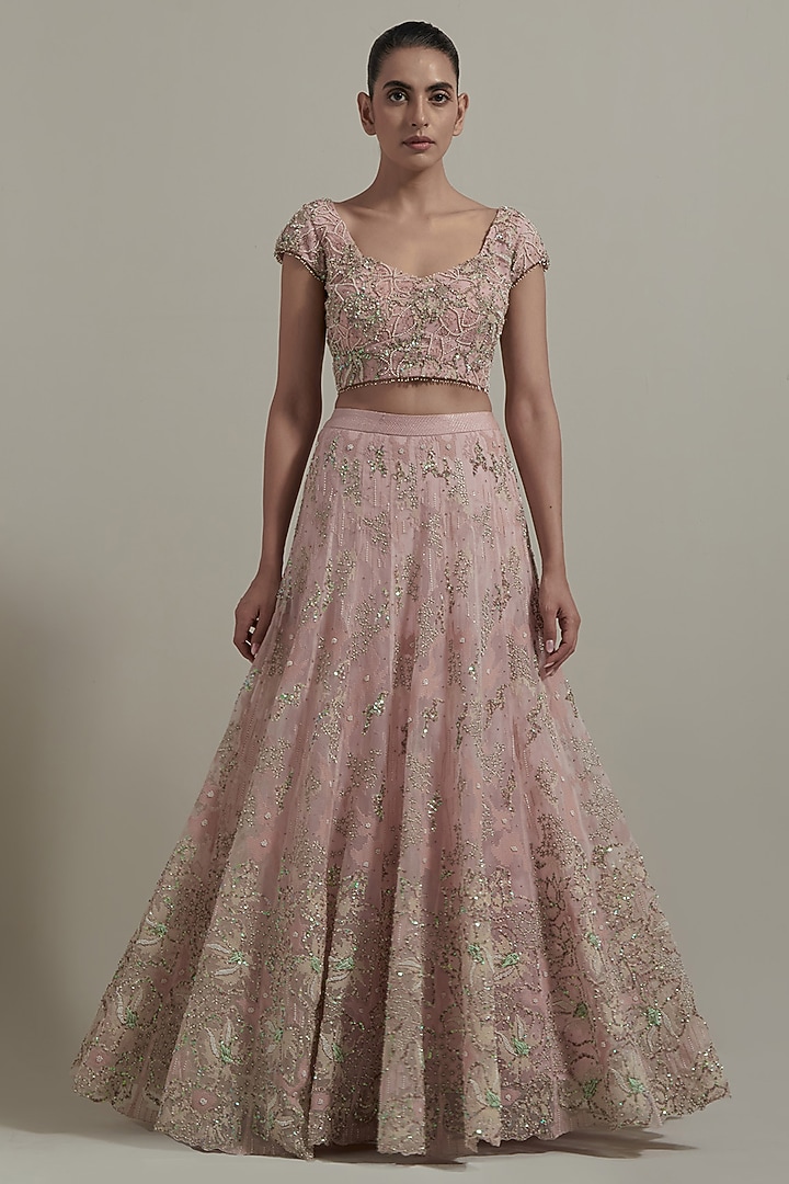 Pink Net & Organza Embellished Bridal Lehenga Set by Kavita Bhartia at Pernia's Pop Up Shop