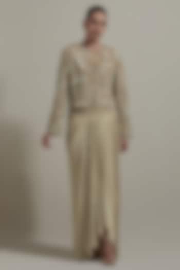 Beige Dupion Silk Embellished Jacket Set by Kavita Bhartia at Pernia's Pop Up Shop