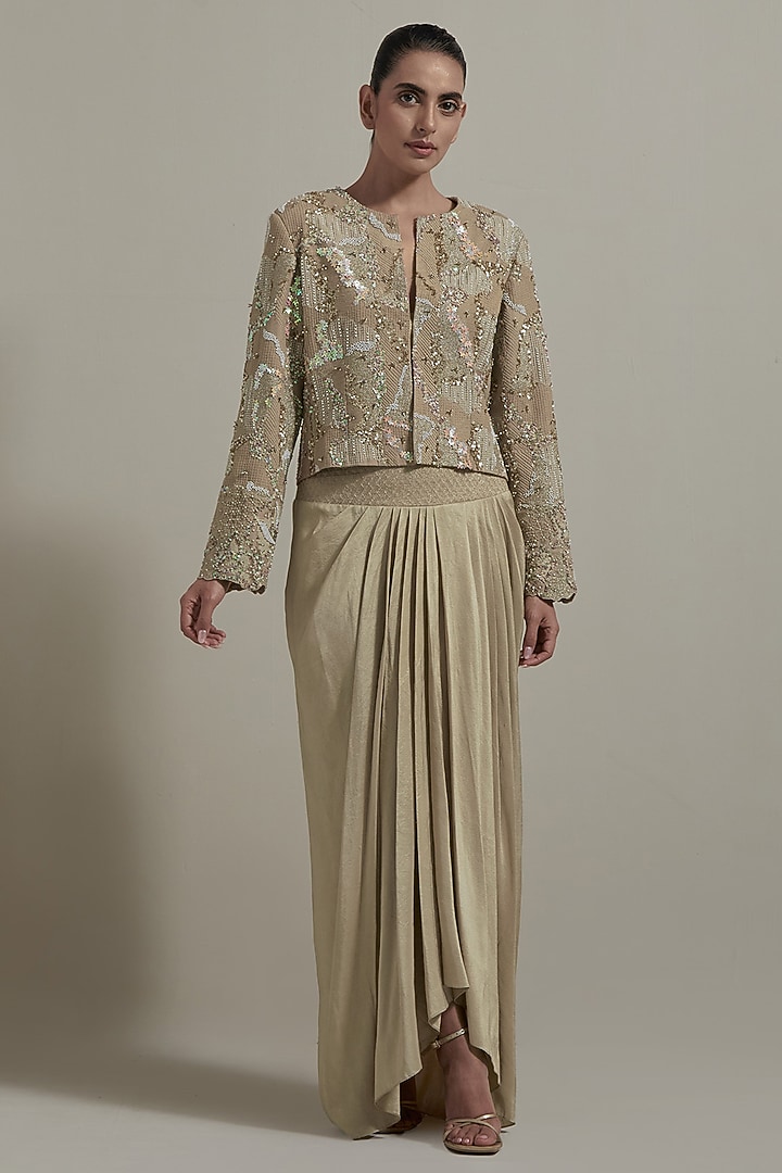 Beige Dupion Silk Embellished Jacket Set by Kavita Bhartia at Pernia's Pop Up Shop