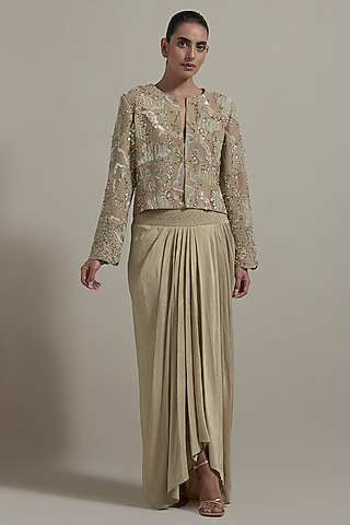 Beige Dupion Silk Embellished Jacket Set by Kavita Bhartia
