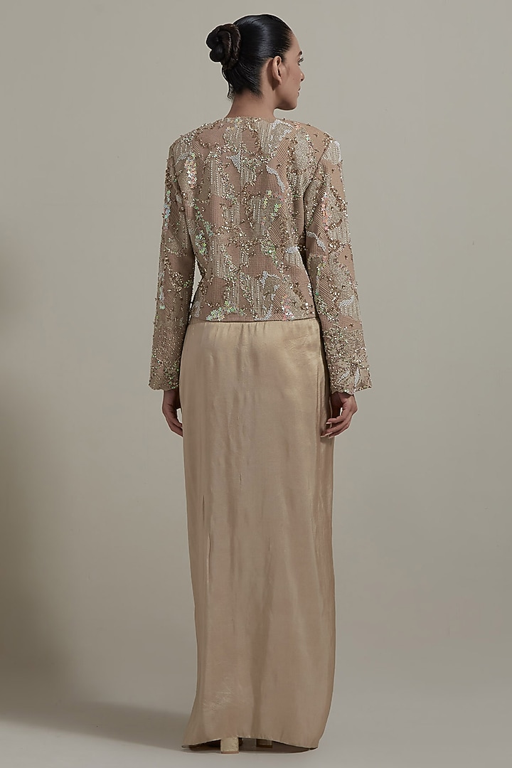 Beige Dupion Silk Embellished Jacket Set by Kavita Bhartia at Pernia's Pop Up Shop