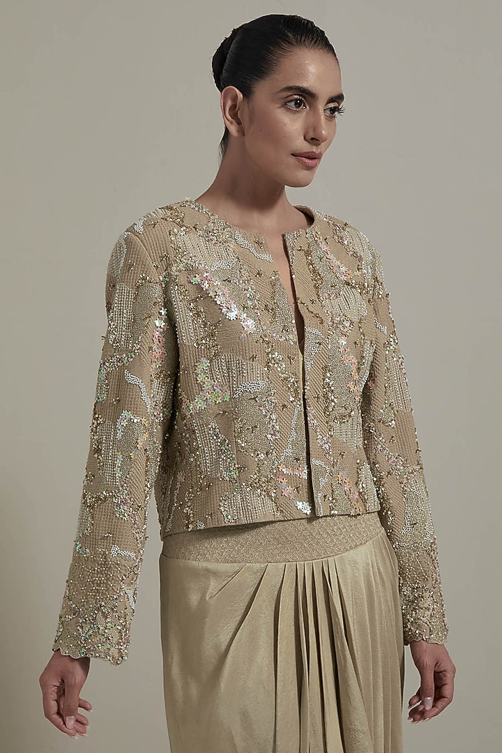 Beige Dupion Silk Embellished Jacket Set by Kavita Bhartia at Pernia's Pop Up Shop