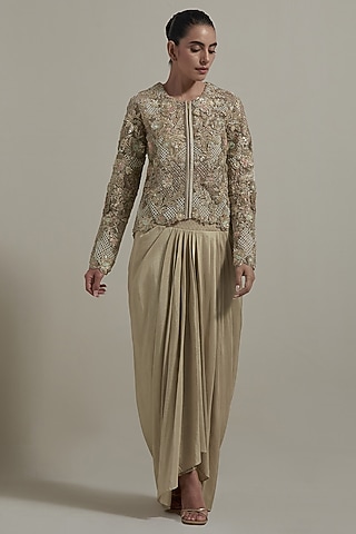 Beige Dupion Silk Embellished Jacket Set by Kavita Bhartia