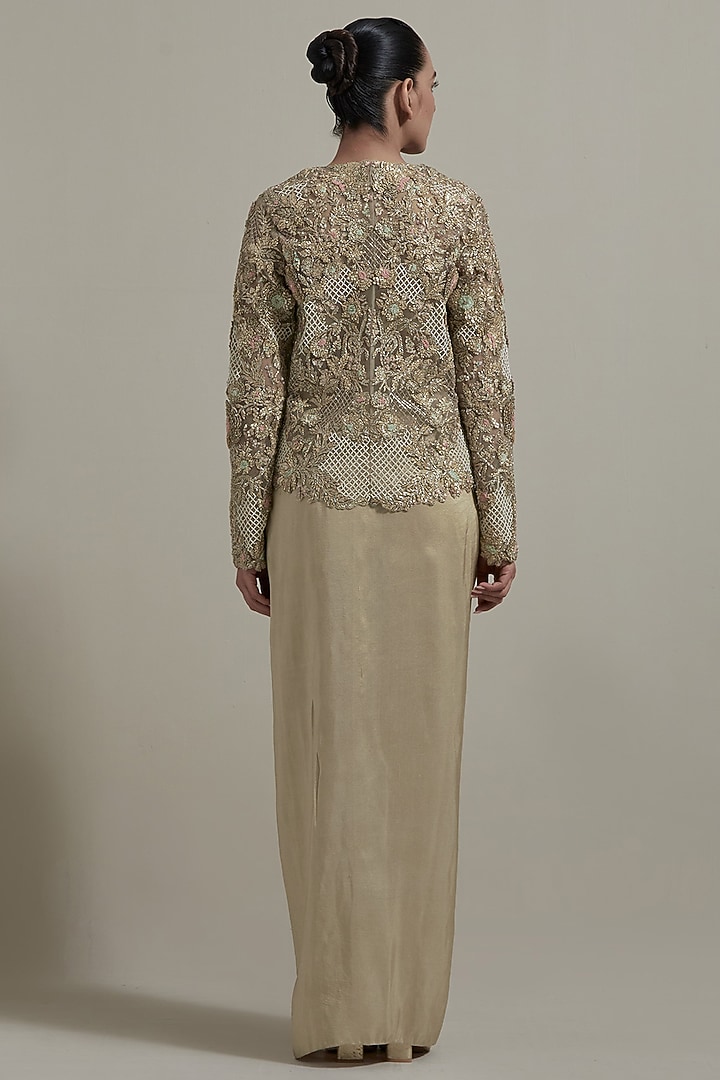 Beige Dupion Silk Embellished Jacket Set by Kavita Bhartia at Pernia's Pop Up Shop