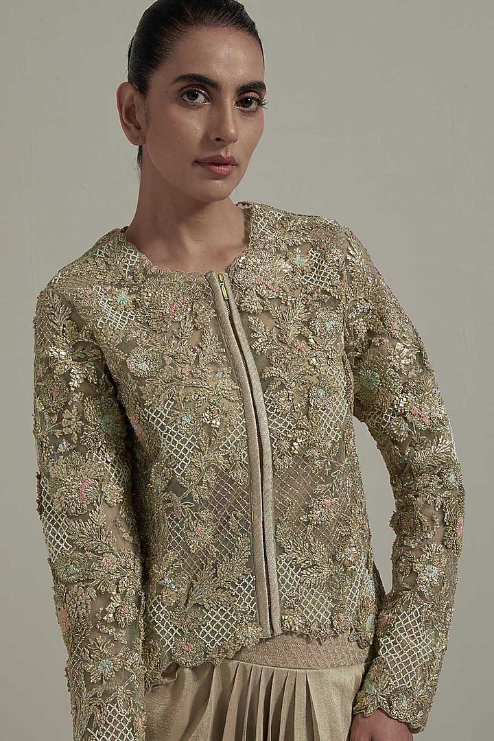 Beige Dupion Silk Embellished Jacket Set by Kavita Bhartia at Pernia's Pop Up Shop