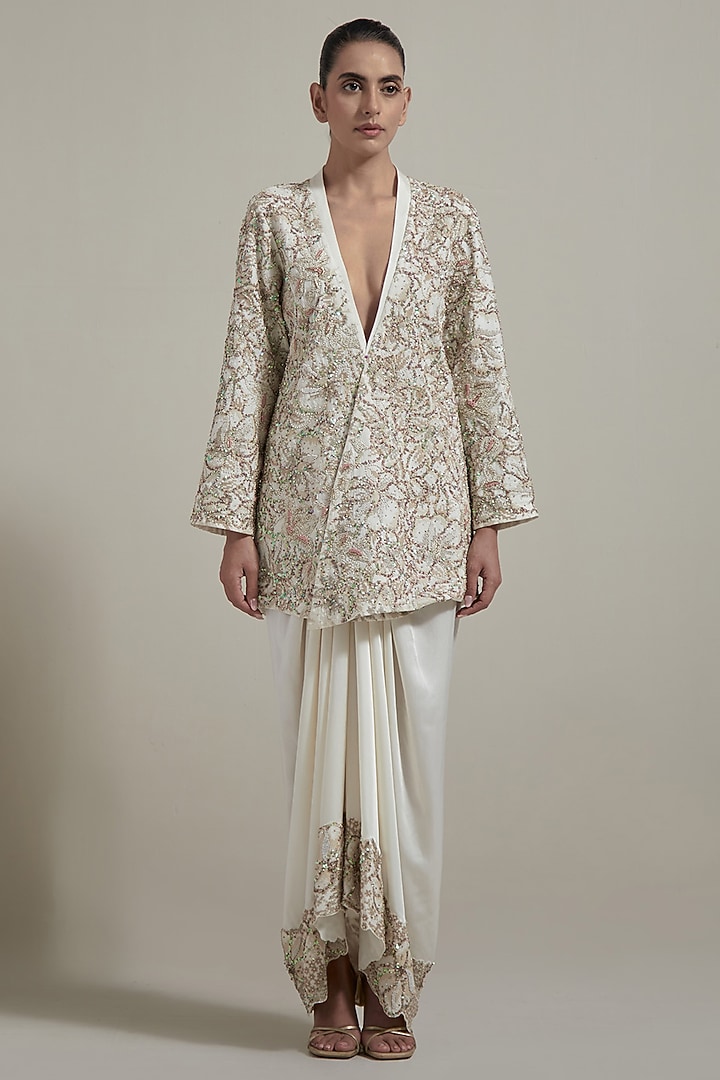 Ivory Silk & Satin Hand Embellished Jacket Set by Kavita Bhartia at Pernia's Pop Up Shop
