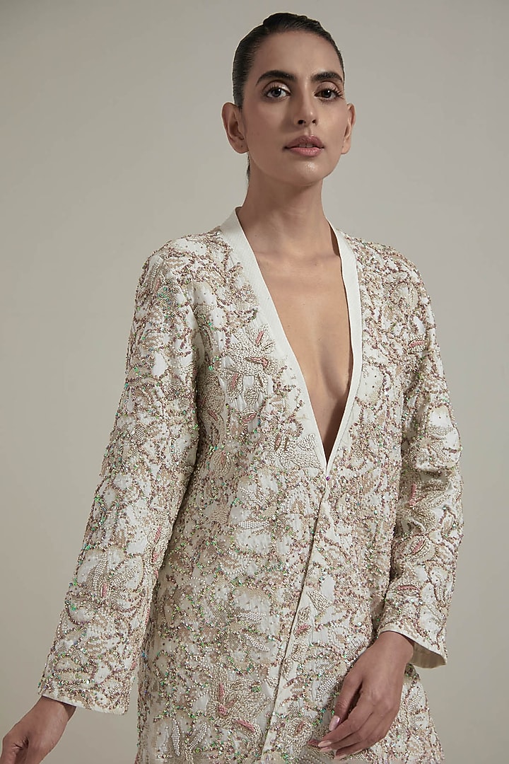 Ivory Silk & Satin Hand Embellished Jacket Set by Kavita Bhartia at Pernia's Pop Up Shop