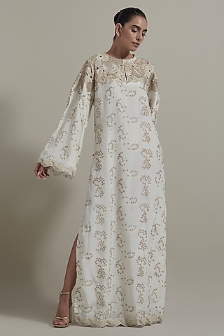 Ivory Silk Cutwork Embellished Kaftan by Kavita Bhartia