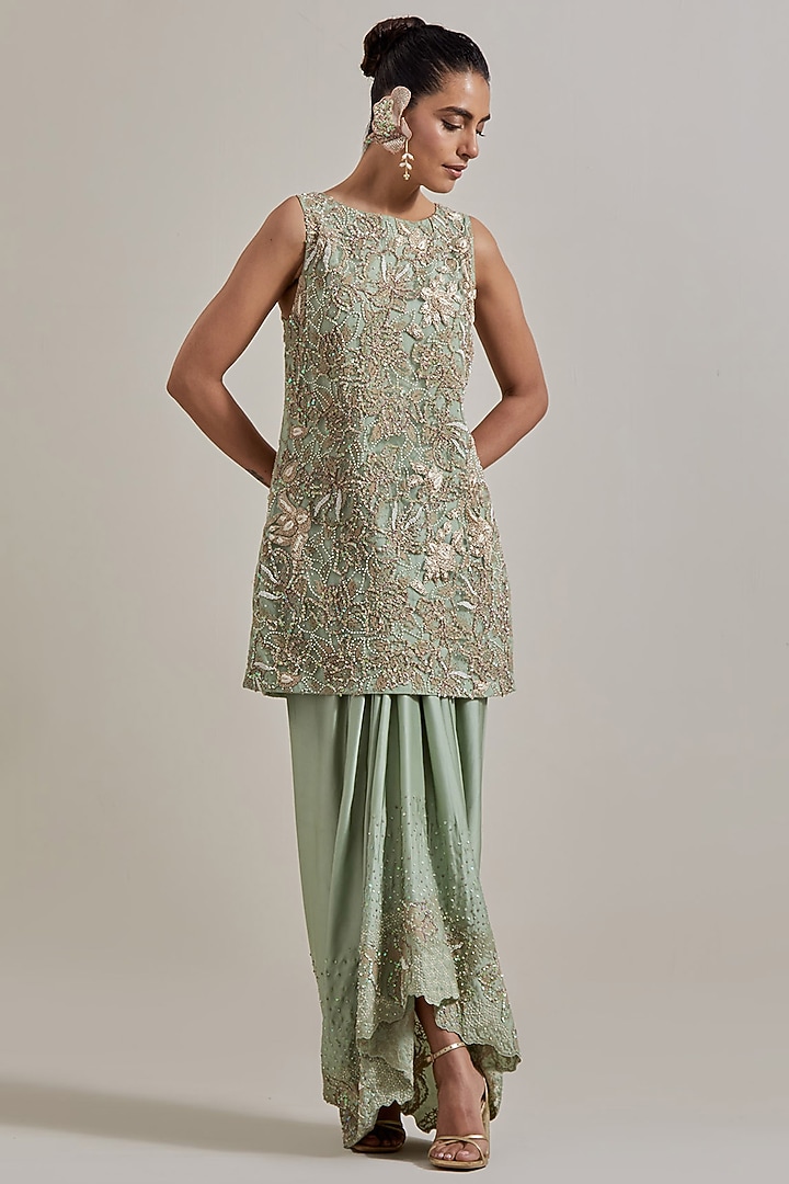 Green Satin Skirt Set by Kavita Bhartia at Pernia's Pop Up Shop