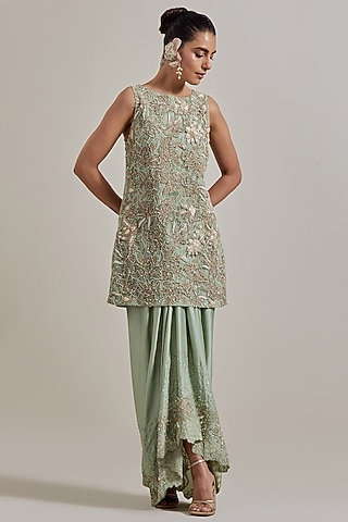 Green Satin Skirt Set by Kavita Bhartia