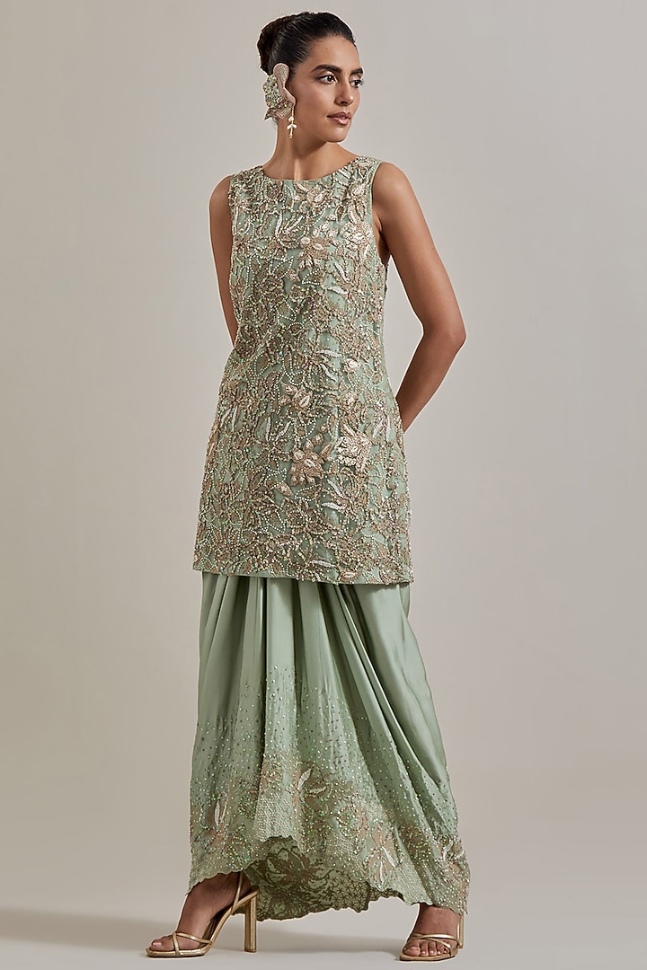 Green Satin Skirt Set by Kavita Bhartia at Pernia's Pop Up Shop