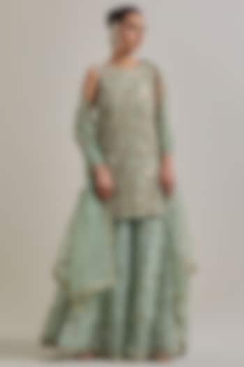 Green Net & Organza Bridal Sharara Set by Kavita Bhartia at Pernia's Pop Up Shop