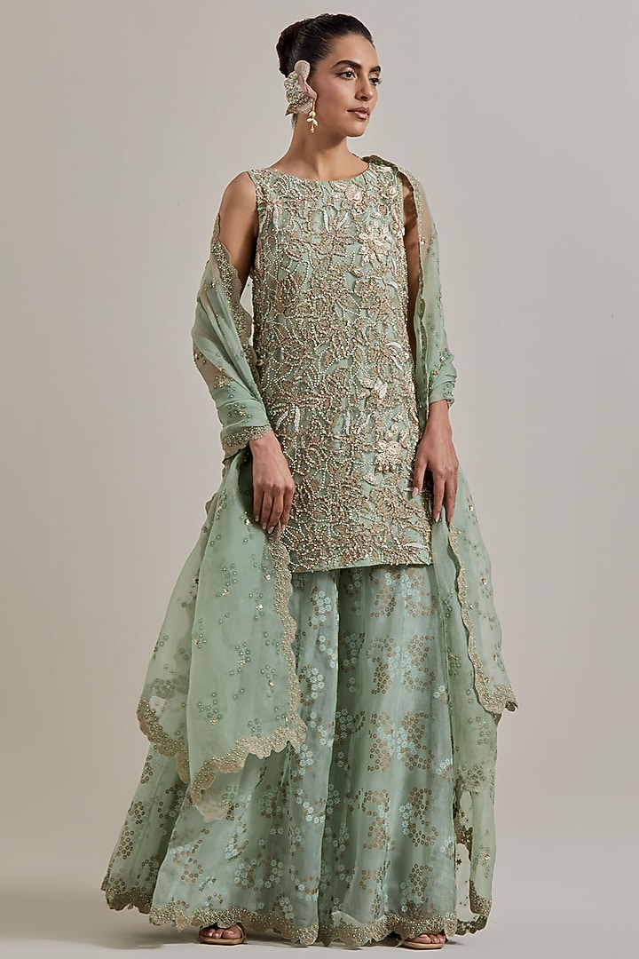 Green Net & Organza Bridal Sharara Set by Kavita Bhartia at Pernia's Pop Up Shop