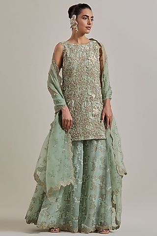 Green Net & Organza Sharara Set by Kavita Bhartia