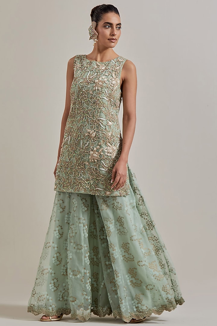 Green Net & Organza Bridal Sharara Set by Kavita Bhartia at Pernia's Pop Up Shop
