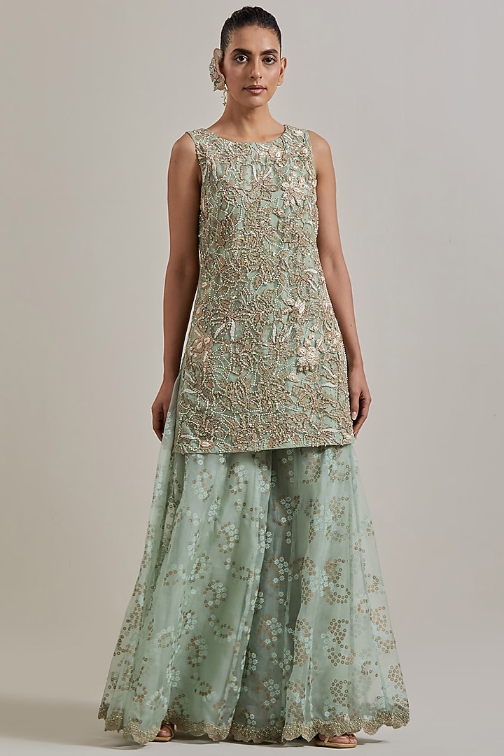 Green Net & Organza Bridal Sharara Set by Kavita Bhartia at Pernia's Pop Up Shop