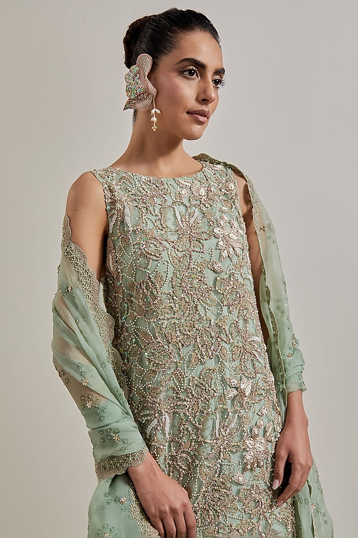Green Net & Organza Bridal Sharara Set by Kavita Bhartia at Pernia's Pop Up Shop