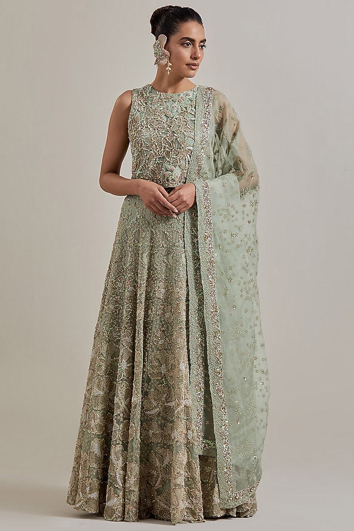 Green Net & Organza Hand Embellished Bridal Lehenga Set by Kavita Bhartia at Pernia's Pop Up Shop