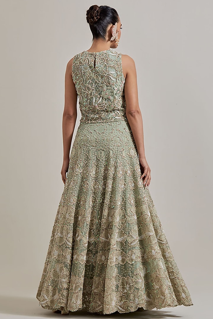 Green Net & Organza Hand Embellished Bridal Lehenga Set by Kavita Bhartia at Pernia's Pop Up Shop