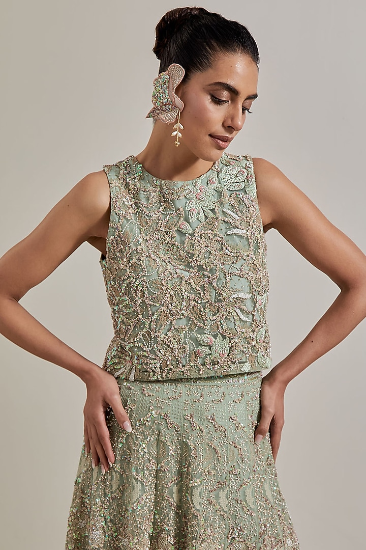 Green Net & Organza Hand Embellished Bridal Lehenga Set by Kavita Bhartia at Pernia's Pop Up Shop