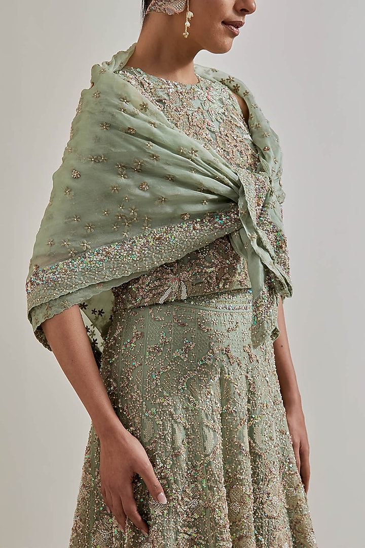 Green Net & Organza Hand Embellished Bridal Lehenga Set by Kavita Bhartia at Pernia's Pop Up Shop