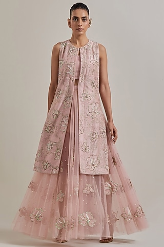 Pink Chanderi & Net Skirt Set by Kavita Bhartia