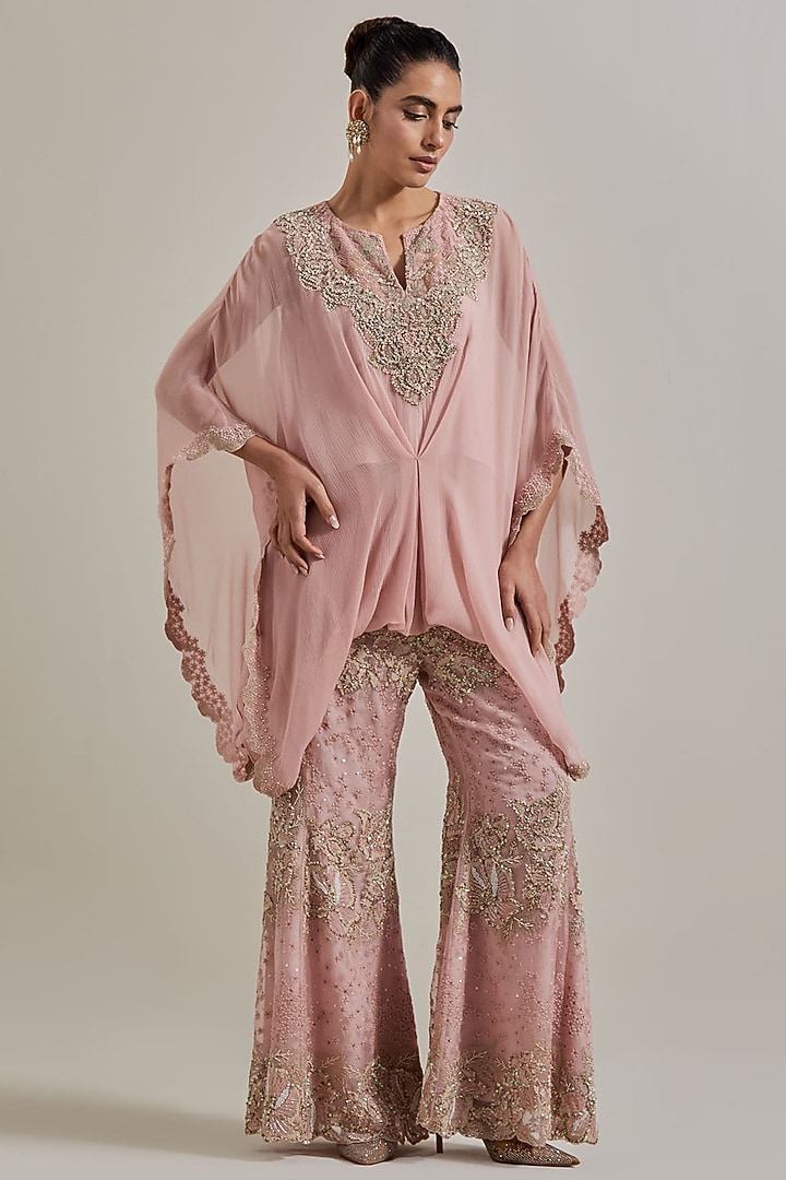 Pink Chiffon & Organza Hand Embellished Pant Set by Kavita Bhartia at Pernia's Pop Up Shop