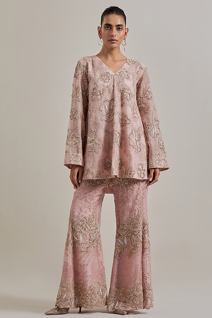 Pink Organza Hand Embellished Tunic Set by Kavita Bhartia at Pernia's Pop Up Shop