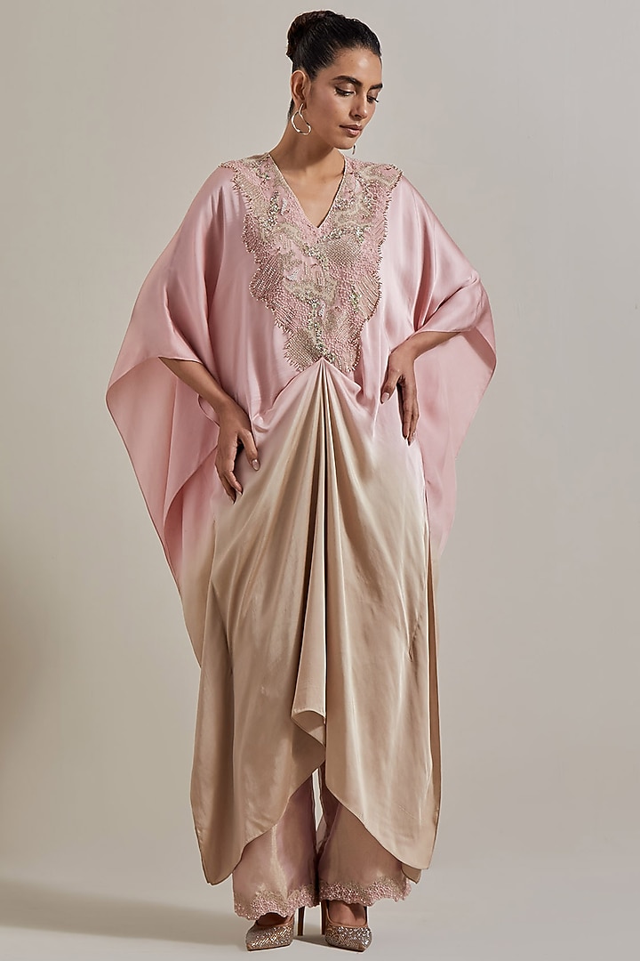 Pink Satin Hand Embellished Kaftan Set by Kavita Bhartia at Pernia's Pop Up Shop