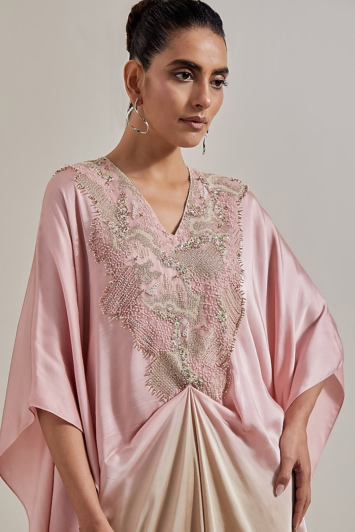 Pink Satin Hand Embellished Kaftan Set by Kavita Bhartia at Pernia's Pop Up Shop