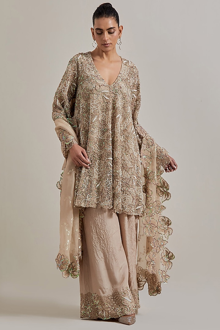 Pink Net & Organza Hand Embellished Bridal Sharara Set by Kavita Bhartia at Pernia's Pop Up Shop
