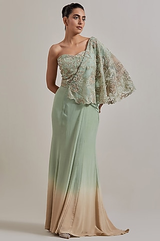 Green Organza Hand Embellished Draped Saree Set by Kavita Bhartia