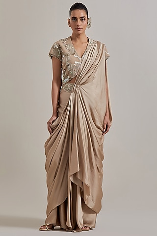 Pink Net Hand Embellished Draped Saree Set by Kavita Bhartia